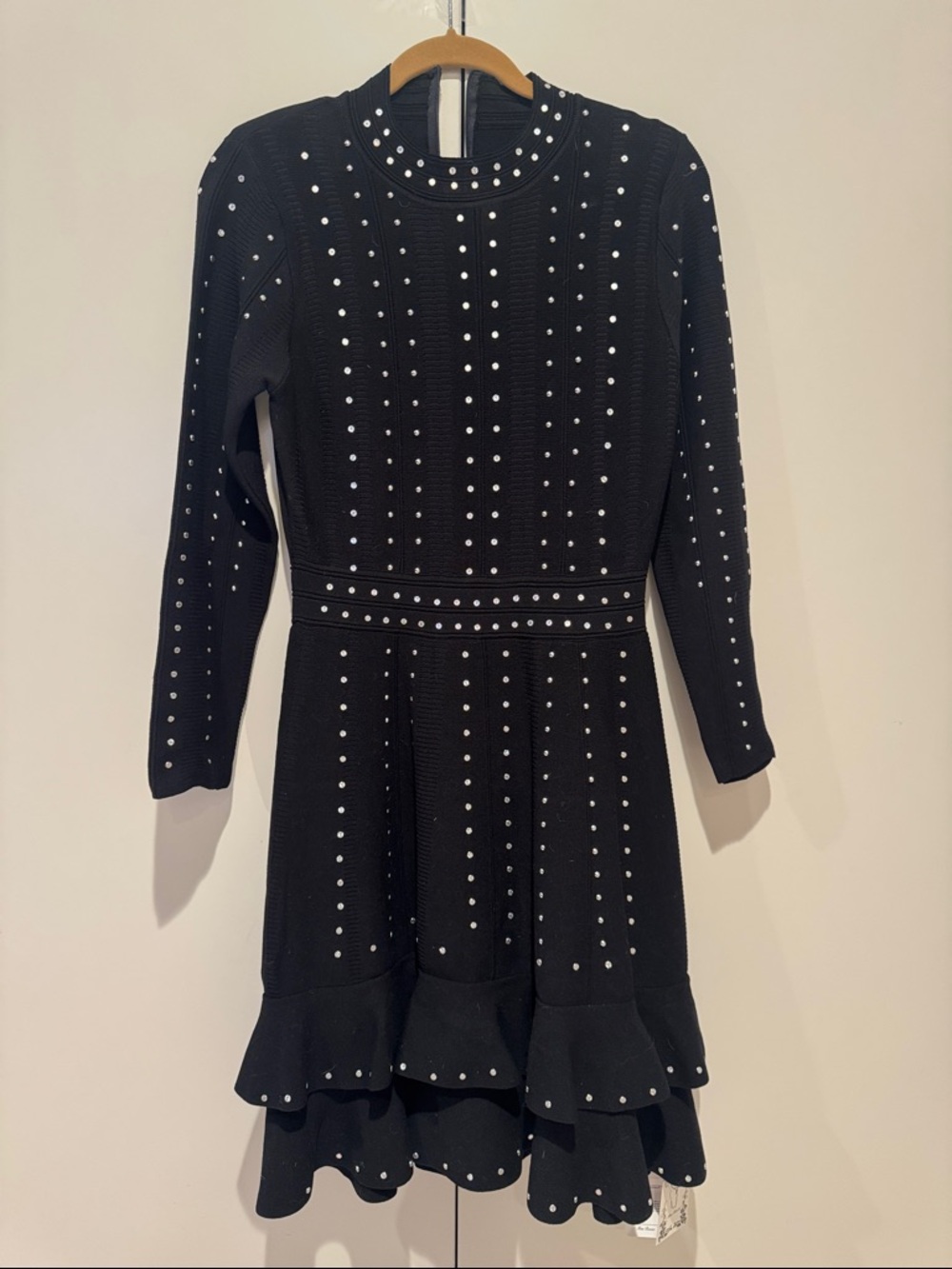 MISS ROSIER Black Long-Sleeve Studded Ruffle-Hem Dress